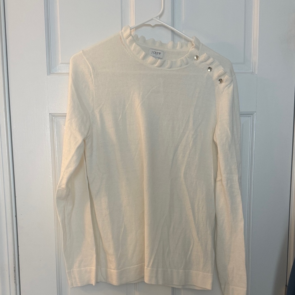 JCREW Cream Ruffled Button-Accent Long Sleeve Light Weight Sweater